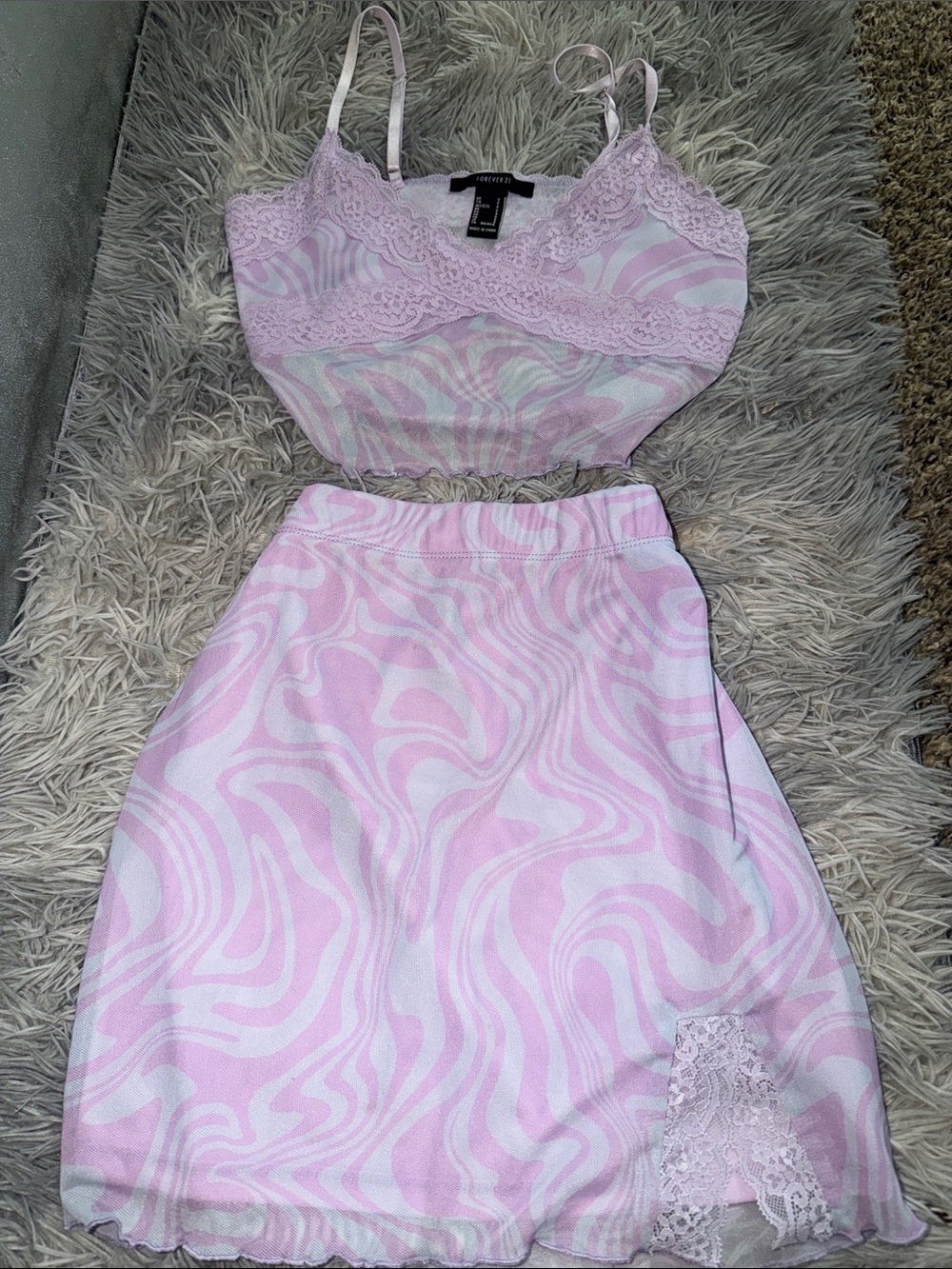 Forever 21 Pink & White Lace Trim Swirl Cami